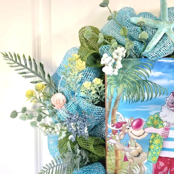 Christmas Beach Santa Wreath Coastal Starfish Rudolph Deco Mesh Bow - Picture 4 of 8